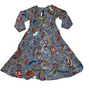 Raj India Cotton Floral Bird Print Lightweight Blue Maxi Dress Women's Small NWT